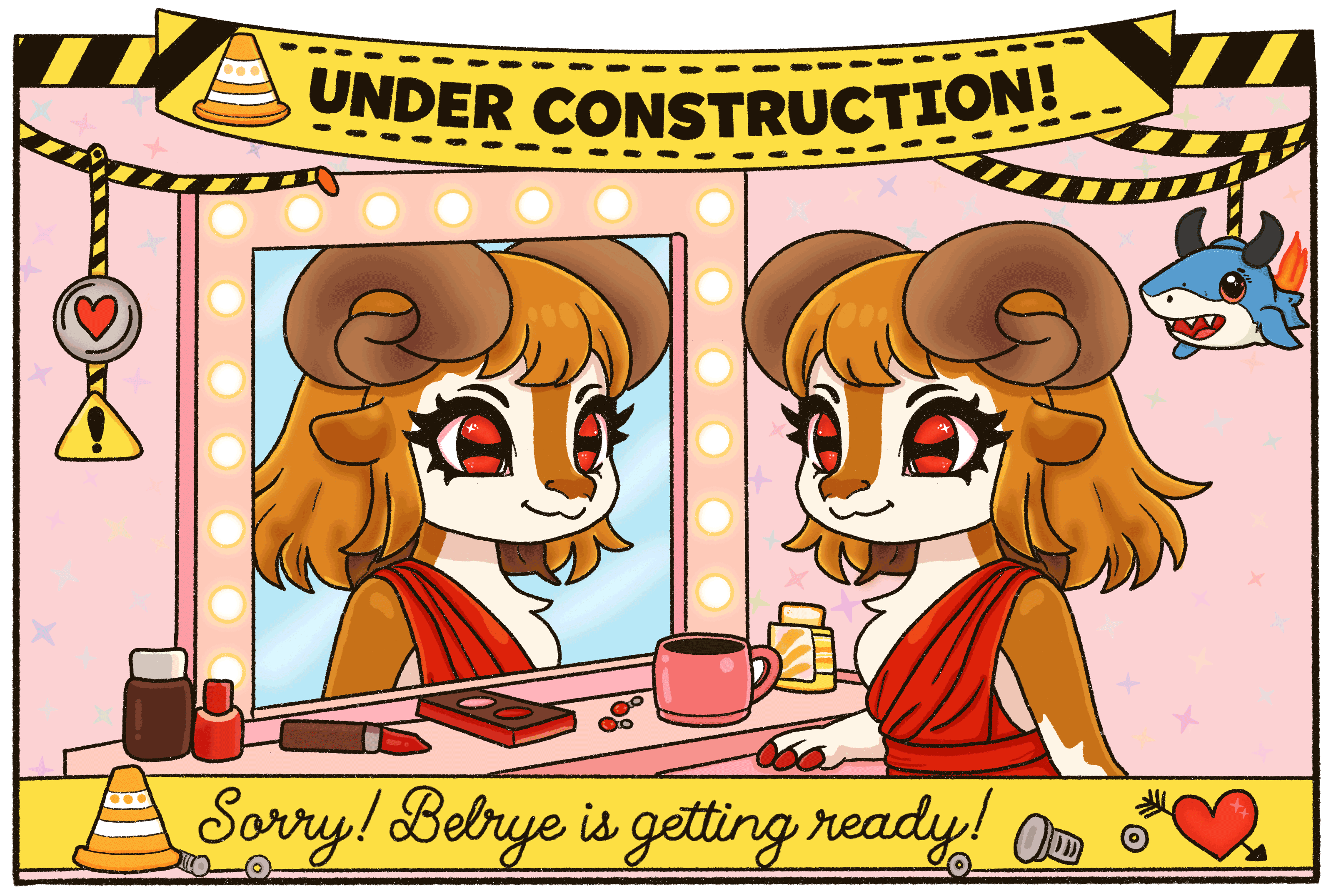Picture of Belrye sitting in front of a dressing-room mirror, with text saying that this part is under construction.